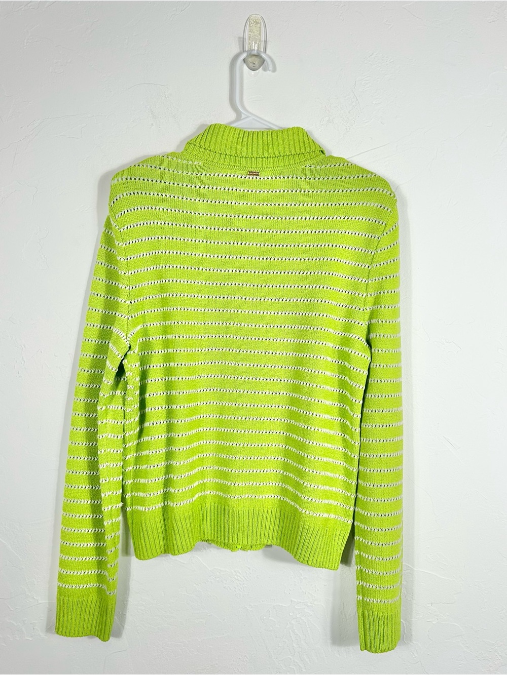 St. John Sport Lime Green White Striped Pointelle Knit Zip Cardigan Sweater - Picture 2 of 6